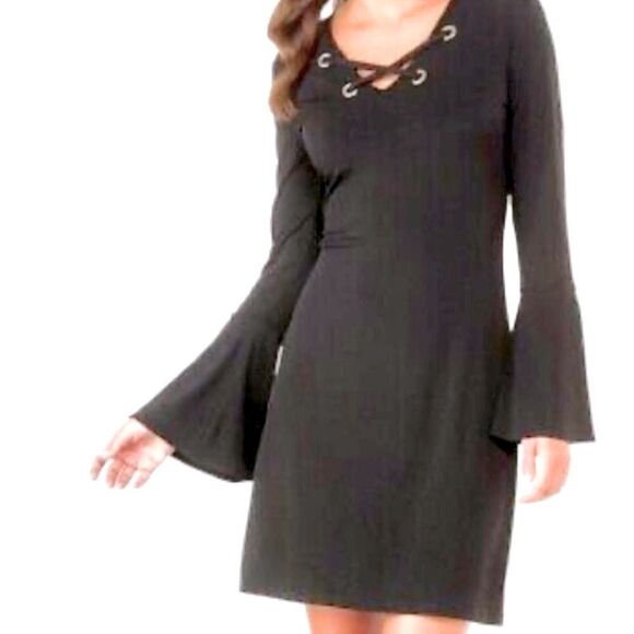 JET BLACK MICHAEL KORS FIT&FLARE DRESS-GROMMET CRISS CROSS STRAPS S NWT - Picture 2 of 16